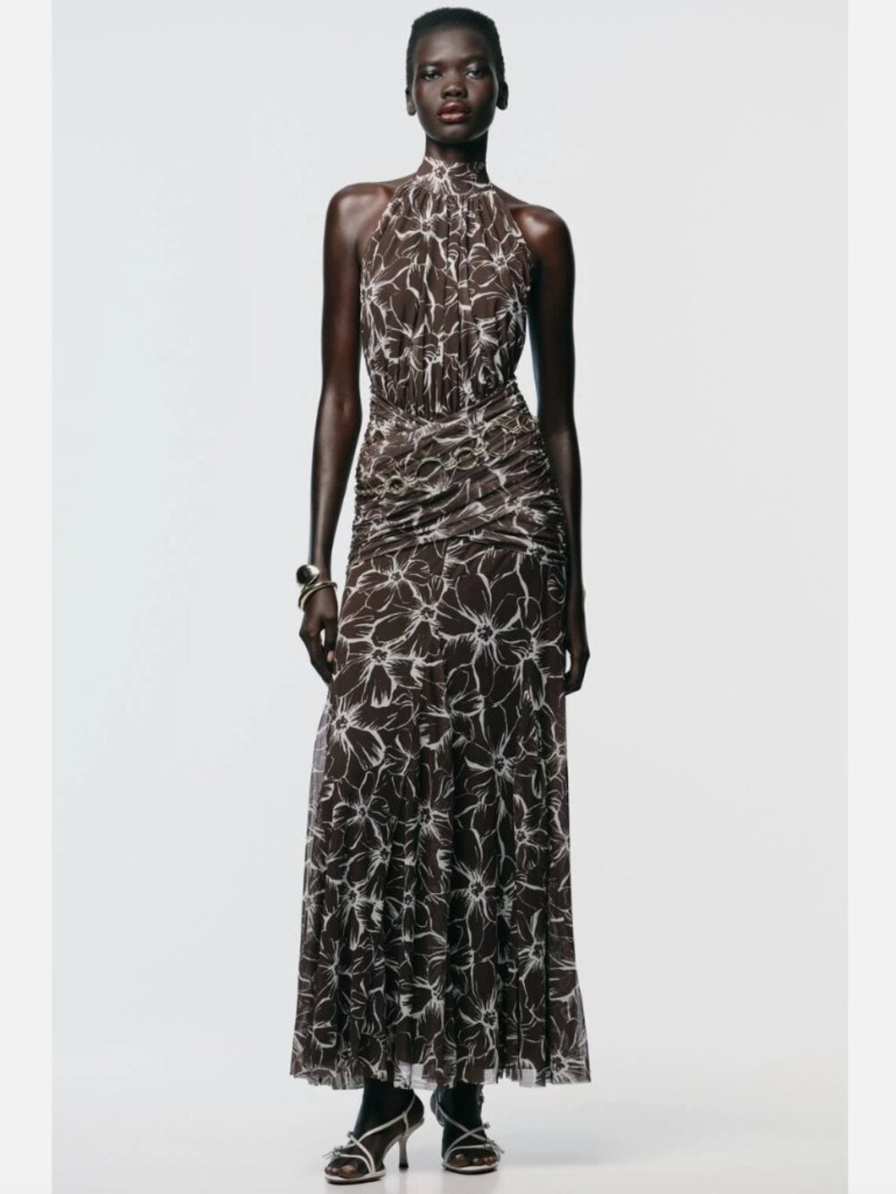 Zara Brown Halter Printed Tulle Long Dress